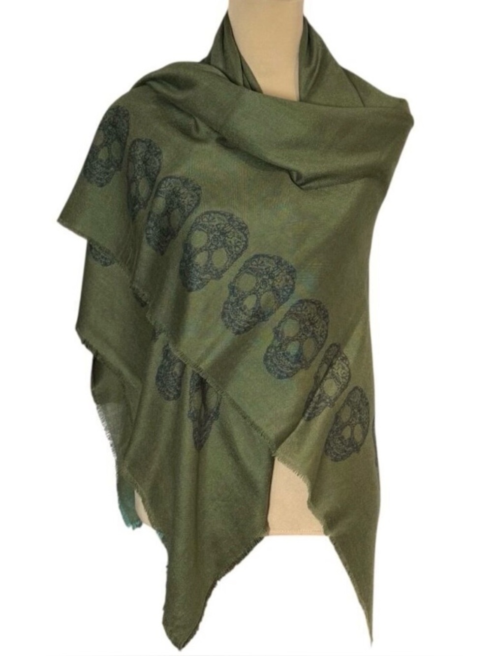 Blue Pacific Cashmere Blend Scarf Skull Print Green Large Square Grunge Goth